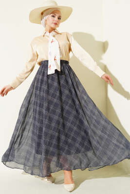 Çizgili Bel Lastikli Şifon Etek Füme - Thumbnail