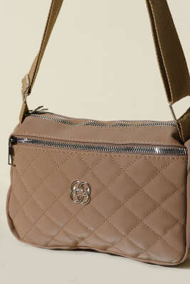 Çok Bölmeli Kapitone Omuz Çantası Vizon - Thumbnail