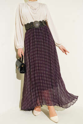 Çizgili Bel Lastikli Şifon Etek Mürdüm - Thumbnail