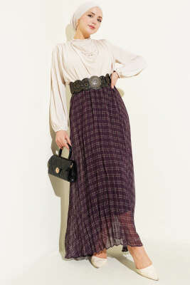 Çizgili Bel Lastikli Şifon Etek Mürdüm - Thumbnail