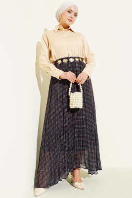 Çizgili Bel Lastikli Şifon Etek Siyah Mavi - Thumbnail