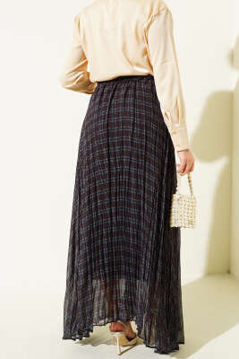 Çizgili Bel Lastikli Şifon Etek Siyah Mavi - Thumbnail