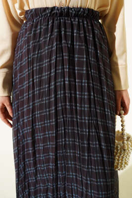 Çizgili Bel Lastikli Şifon Etek Siyah Mavi - Thumbnail