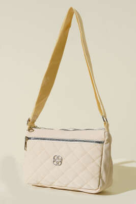 Çok Bölmeli Kapitone Omuz Çantası Krem - Thumbnail