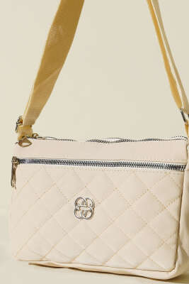 Çok Bölmeli Kapitone Omuz Çantası Krem - Thumbnail