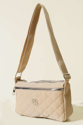 Çok Bölmeli Kapitone Omuz Çantası Bej - Thumbnail