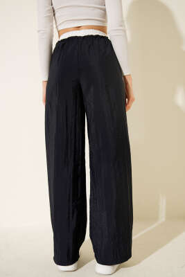 Geniş Paça Bel Garnili Pantolon Lacivert - Thumbnail