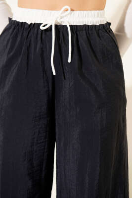 Geniş Paça Bel Garnili Pantolon Lacivert - Thumbnail