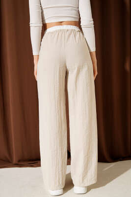 Geniş Paça Bel Garnili Pantolon Bej - Thumbnail