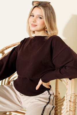 Pazarium - Kayık Yaka Salaş Triko Bluz Kahve