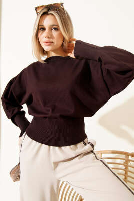 Kayık Yaka Salaş Triko Bluz Kahve - Thumbnail