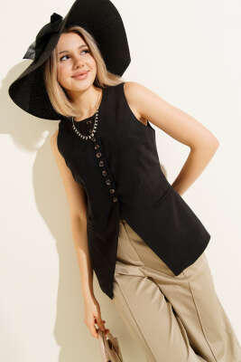 Mini Düğmeli Tensel Yelek Siyah - Thumbnail