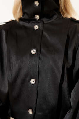 Omuz Apoletli Düğmeli Ceket Siyah - Thumbnail