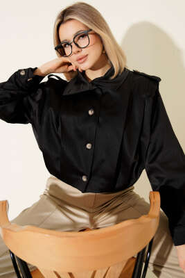 Omuz Apoletli Düğmeli Ceket Siyah - Thumbnail