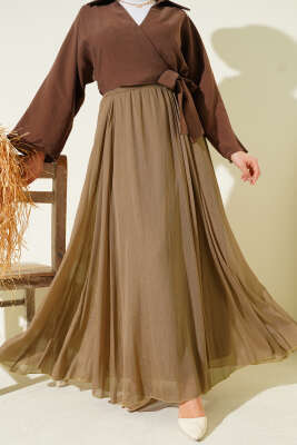 Beli Lastikli Simli Kloş Etek Latte - Thumbnail