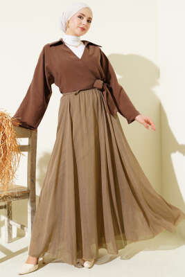 Beli Lastikli Simli Kloş Etek Latte - Thumbnail