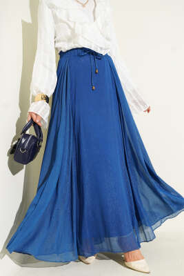 Pazarium - Beli Lastikli Simli Kloş Etek İndigo