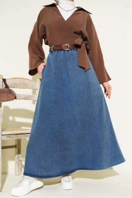 Pazarium - Kemerli Cepli Beli Lastikli Kot Etek Mavi