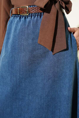 Kemerli Cepli Beli Lastikli Kot Etek Mavi - Thumbnail