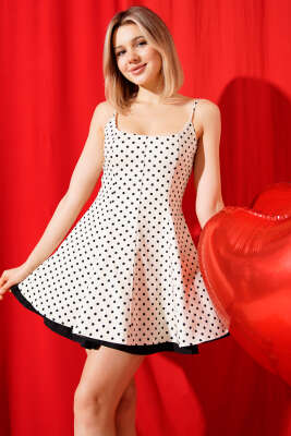 İp Askılı Puantiyeli Mini Elbise Krem - Thumbnail