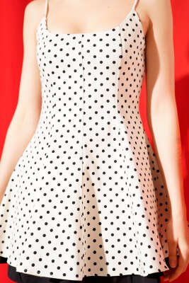 İp Askılı Puantiyeli Mini Elbise Krem - Thumbnail