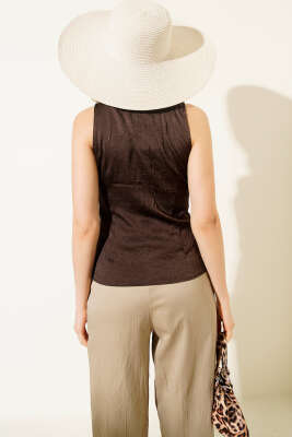 Tokalı Bağlamalı Bluz Kahve - Thumbnail