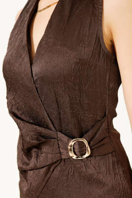 Tokalı Bağlamalı Bluz Kahve - Thumbnail