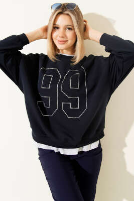 99 Taş Yazılı Sweatshirt Lacivert - Thumbnail
