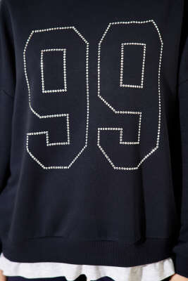 99 Taş Yazılı Sweatshirt Lacivert - Thumbnail