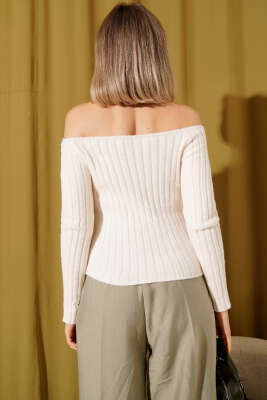 Fitilli Kayık Yaka Triko Bluz Krem - Thumbnail