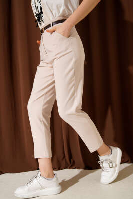 Pazarium - Kemerli Dar Paça Kumaş Pantolon Taş