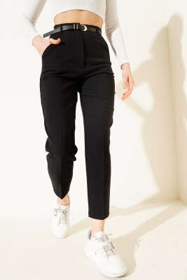 Kemerli Dar Paça Kumaş Pantolon Siyah - Thumbnail