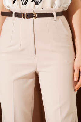 Kemerli Dar Paça Kumaş Pantolon Taş - Thumbnail