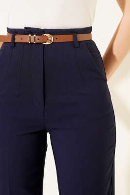 Kemerli Dar Paça Kumaş Pantolon Lacivert - Thumbnail