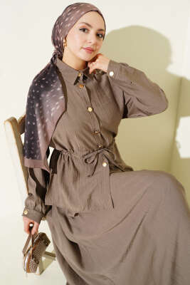 Gold Düğmeli Bel Tünelli Etekli Takım Vizon - Thumbnail