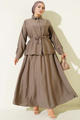 Gold Düğmeli Bel Tünelli Etekli Takım Vizon - Thumbnail