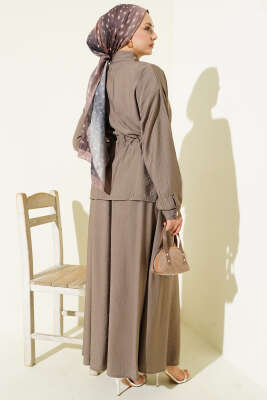 Gold Düğmeli Bel Tünelli Etekli Takım Vizon - Thumbnail