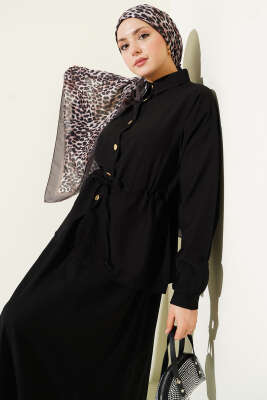 Gold Düğmeli Bel Tünelli Etekli Takım Siyah - Thumbnail