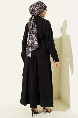 Gold Düğmeli Bel Tünelli Etekli Takım Siyah - Thumbnail