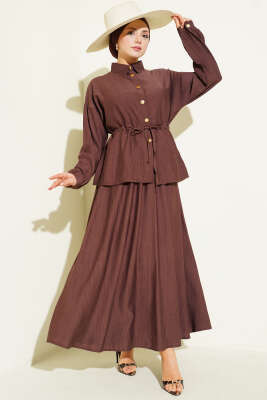 Pazarium - Gold Düğmeli Bel Tünelli Etekli Takım Kahve