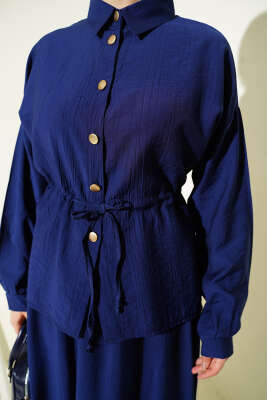 Gold Düğmeli Bel Tünelli Etekli Takım Lacivert - Thumbnail