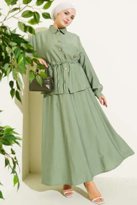 Pazarium - Gold Düğmeli Bel Tünelli Etekli Takım Çağla Yeşili