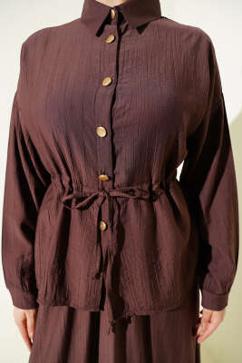 Gold Düğmeli Bel Tünelli Etekli Takım Kahve - Thumbnail