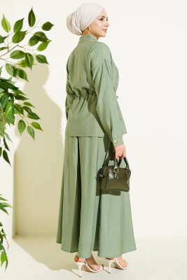 Gold Düğmeli Bel Tünelli Etekli Takım Çağla Yeşili - Thumbnail