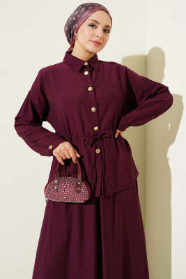 Gold Düğmeli Bel Tünelli Etekli Takım Burgonya - Thumbnail