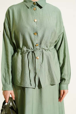 Gold Düğmeli Bel Tünelli Etekli Takım Çağla Yeşili - Thumbnail