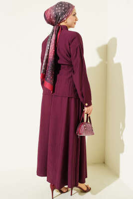 Gold Düğmeli Bel Tünelli Etekli Takım Burgonya - Thumbnail