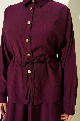 Gold Düğmeli Bel Tünelli Etekli Takım Burgonya - Thumbnail