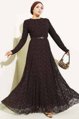 Kemerli Büzgü Dantelli Elbise Kahve - Thumbnail