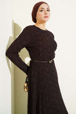 Kemerli Büzgü Dantelli Elbise Kahve - Thumbnail